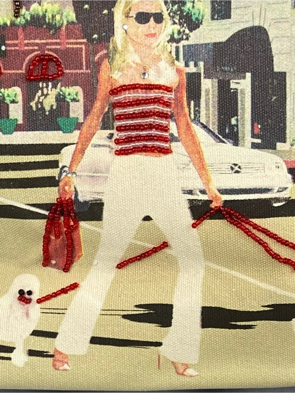 Women's Bueno Large Satchel Luxury Downtown Beaded Dog Walking Scene Size NWOT